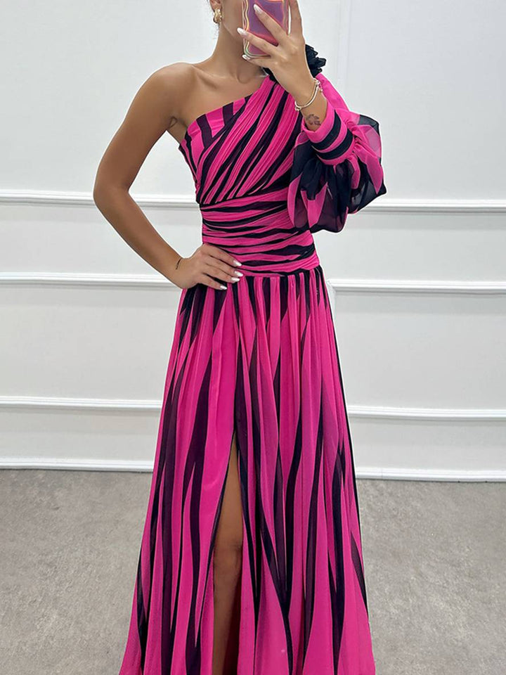 Levoire | Robe Longue Motif Zèbre Avec Fente Sur Le Côté Fluide Une Épaule Dames Élégant Soir Bal Promo