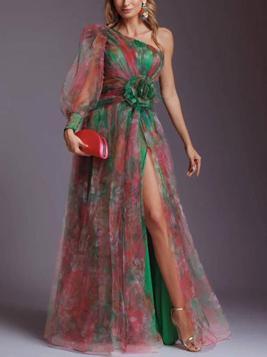 Levoire | Robe Longue À Motifs Floraux En Chiffon Tulle Coupée Sur Le Côté Une Épaule Femmes Élégantes Décontractées De Soirée