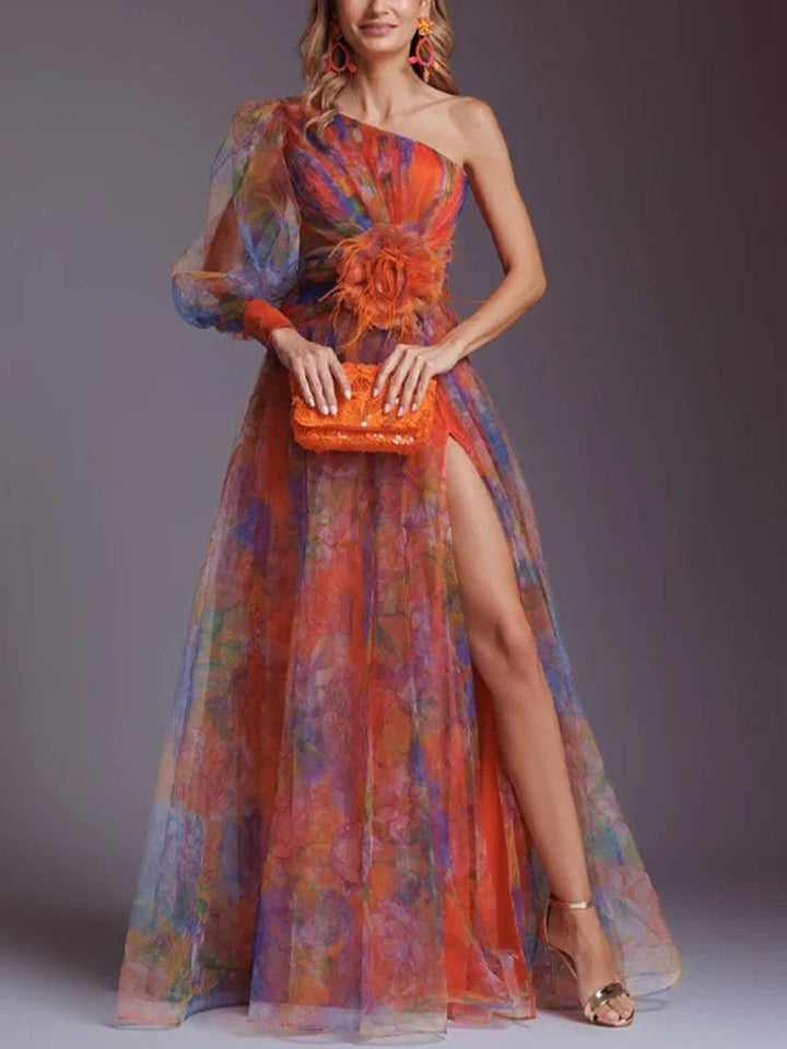 Levoire | Robe Longue À Motifs Floraux En Chiffon Tulle Coupée Sur Le Côté Une Épaule Femmes Élégantes Décontractées De Soirée