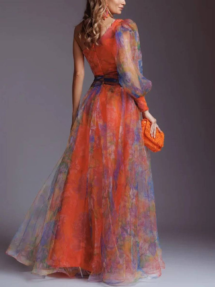 Levoire | Robe Longue À Motifs Floraux En Chiffon Tulle Coupée Sur Le Côté Une Épaule Femmes Élégantes Décontractées De Soirée