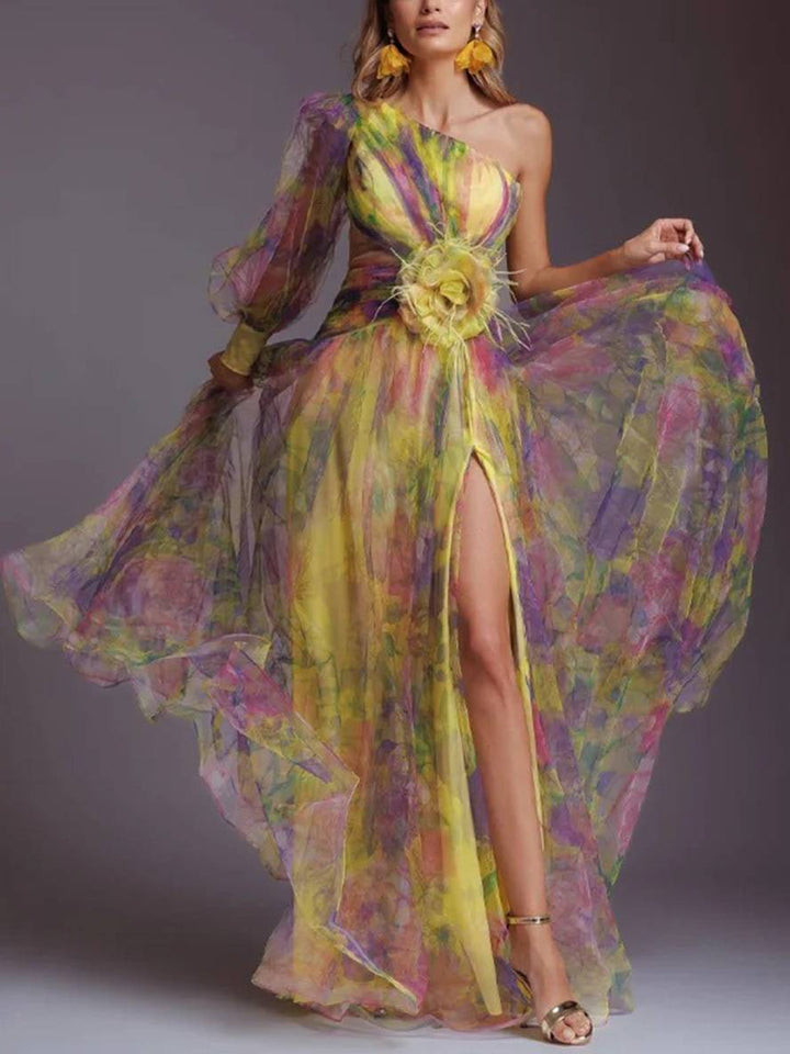 Levoire | Robe Longue À Motifs Floraux En Chiffon Tulle Coupée Sur Le Côté Une Épaule Femmes Élégantes Décontractées De Soirée Jaune
