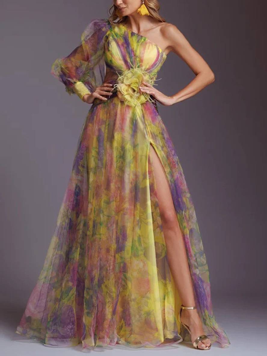 Levoire | Robe Longue À Motifs Floraux En Chiffon Tulle Coupée Sur Le Côté Une Épaule Femmes Élégantes Décontractées De Soirée