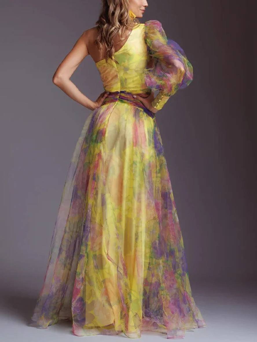 Levoire | Robe Longue À Motifs Floraux En Chiffon Tulle Coupée Sur Le Côté Une Épaule Femmes Élégantes Décontractées De Soirée