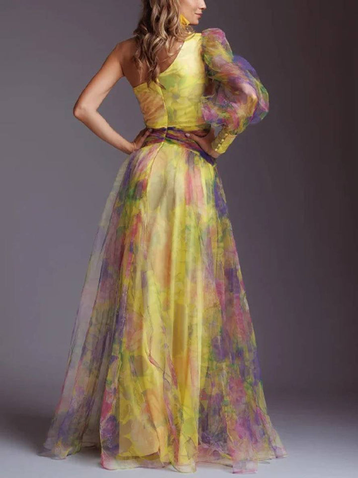 Levoire | Robe Longue À Motifs Floraux En Chiffon Tulle Coupée Sur Le Côté Une Épaule Femmes Élégantes Décontractées De Soirée