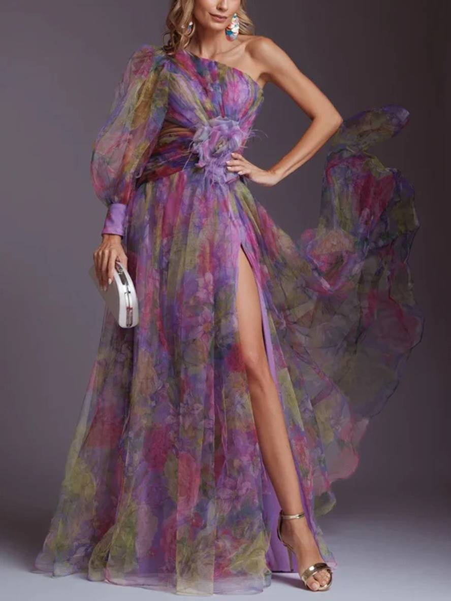 Levoire | Robe Longue À Motifs Floraux En Chiffon Tulle Coupée Sur Le Côté Une Épaule Femmes Élégantes Décontractées De Soirée Violet