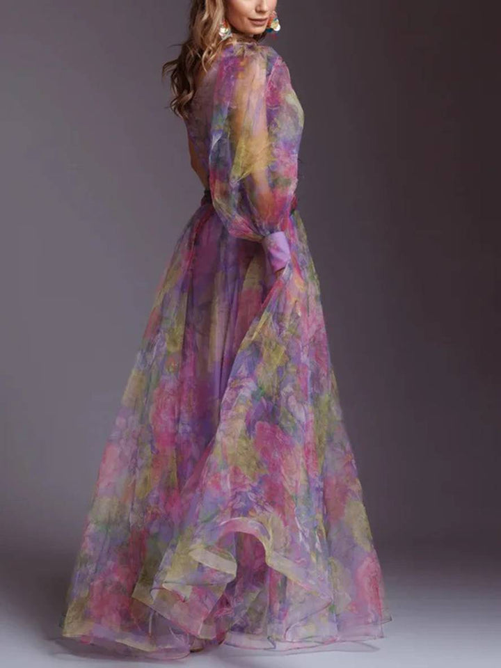 Levoire | Robe Longue À Motifs Floraux En Chiffon Tulle Coupée Sur Le Côté Une Épaule Femmes Élégantes Décontractées De Soirée