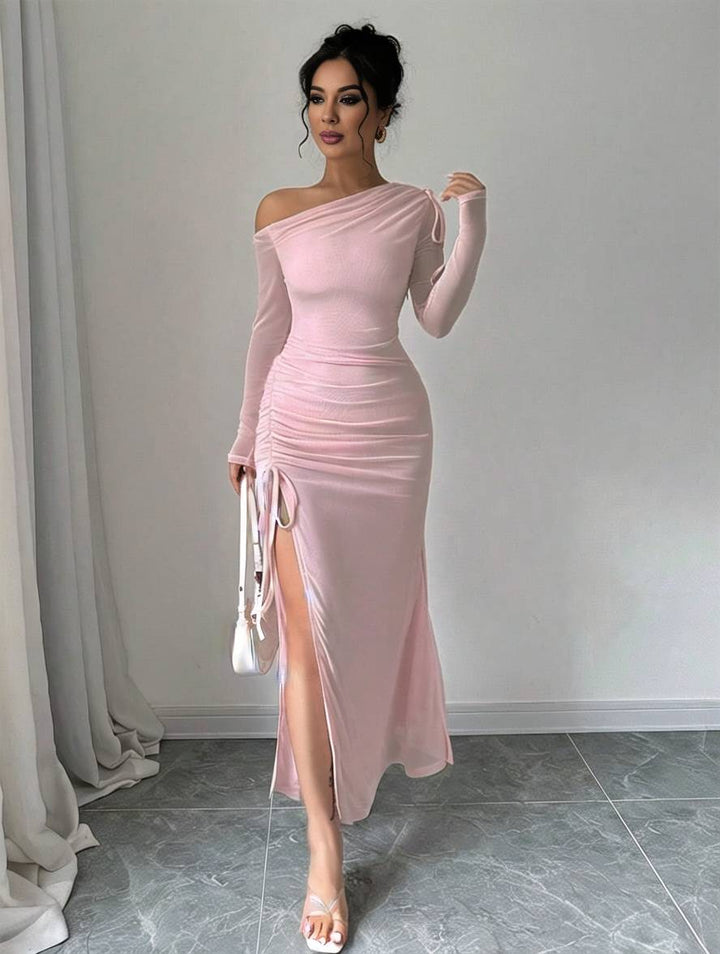 Levoire | Robe En Tulle Longue Ajustée Avec Fente Sur Le Côté, Une Épaule, Manches Longues, Élégante Pour Femmes, Robe De Soirée Décontractée
