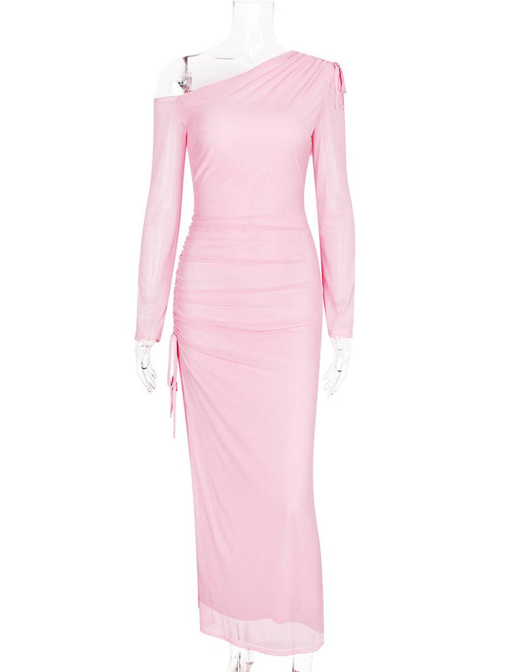 Levoire | Robe En Tulle Longue Ajustée Avec Fente Sur Le Côté, Une Épaule, Manches Longues, Élégante Pour Femmes, Robe De Soirée Décontractée