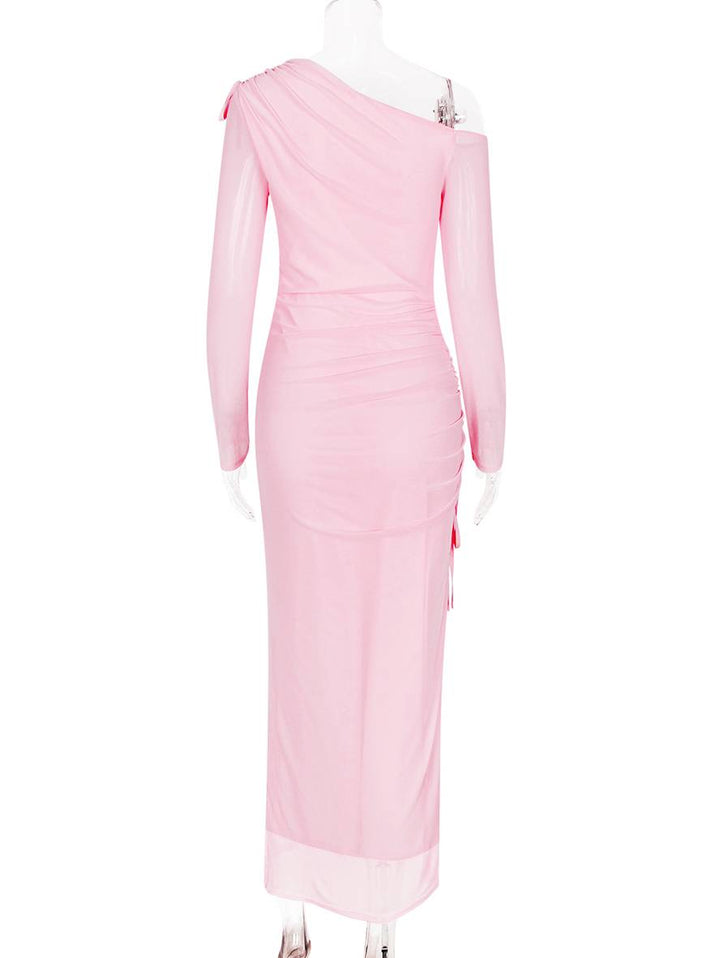 Levoire | Robe En Tulle Longue Ajustée Avec Fente Sur Le Côté, Une Épaule, Manches Longues, Élégante Pour Femmes, Robe De Soirée Décontractée