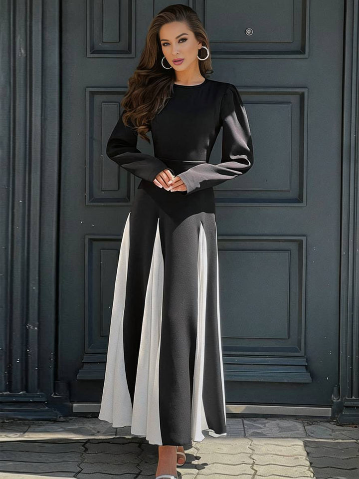 Levoire | Encolure Ronde Couleur Évasé Longue Robe Ceinture Longues Manches Femmes Élégant Décontracté Bal De Fin D'Année Noir