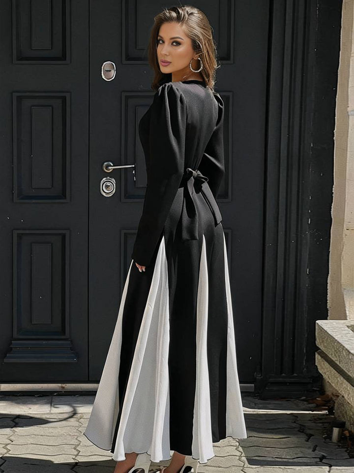 Levoire | Encolure Ronde Couleur Évasé Longue Robe Ceinture Longues Manches Femmes Élégant Décontracté Bal De Fin D'Année