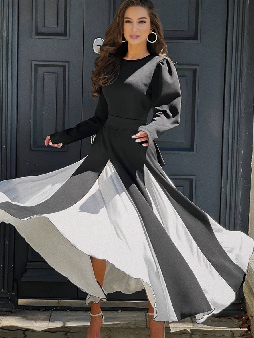 Levoire | Encolure Ronde Couleur Évasé Longue Robe Ceinture Longues Manches Femmes Élégant Décontracté Bal De Fin D'Année