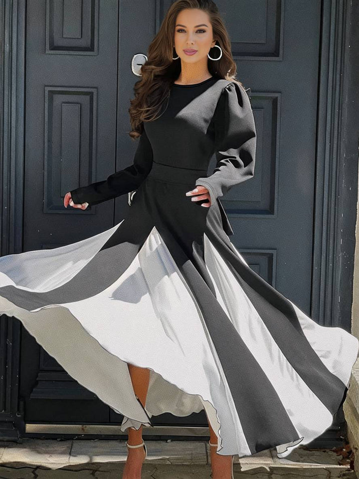 Levoire | Encolure Ronde Couleur Évasé Longue Robe Ceinture Longues Manches Femmes Élégant Décontracté Bal De Fin D'Année