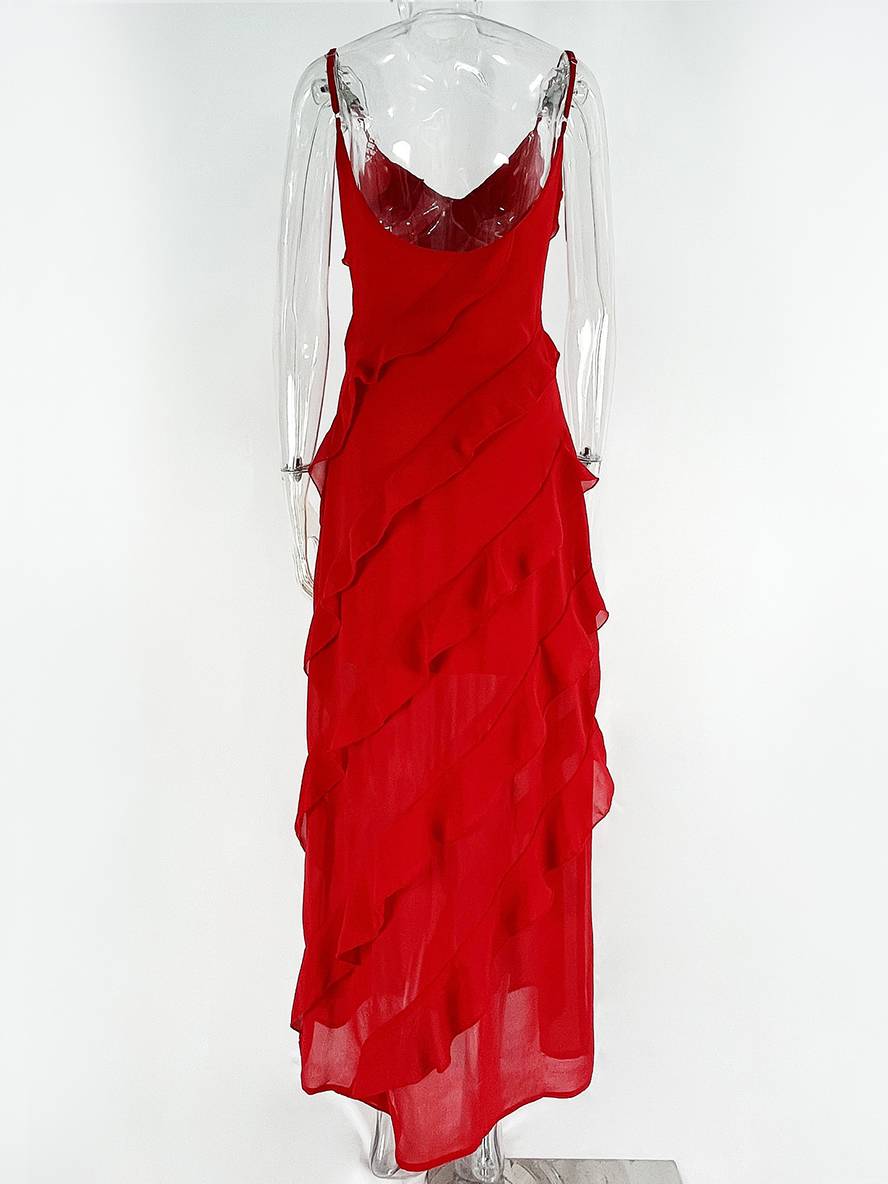 Levoire | Robe Longue Cintrée En Chiffon Avec Décolleté Froncé Dans Le Dos Et Fines Bretelles À Col En V Sans Manches Pour Dames Soirée Mariage