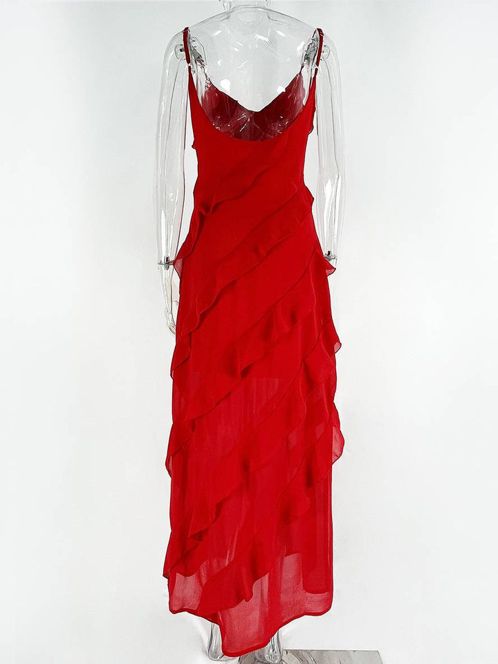 Levoire | Robe Longue Cintrée En Chiffon Avec Décolleté Froncé Dans Le Dos Et Fines Bretelles À Col En V Sans Manches Pour Dames Soirée Mariage