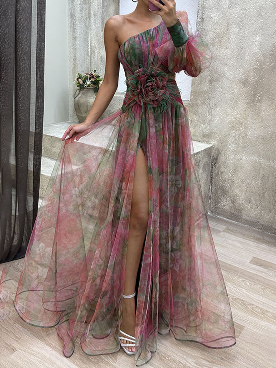 Levoire | Robe Longue Motif Floral Tulle Fente Une Épaule Manches Bishop Manches Longues Femme Robe De Soirée Élégante Rot