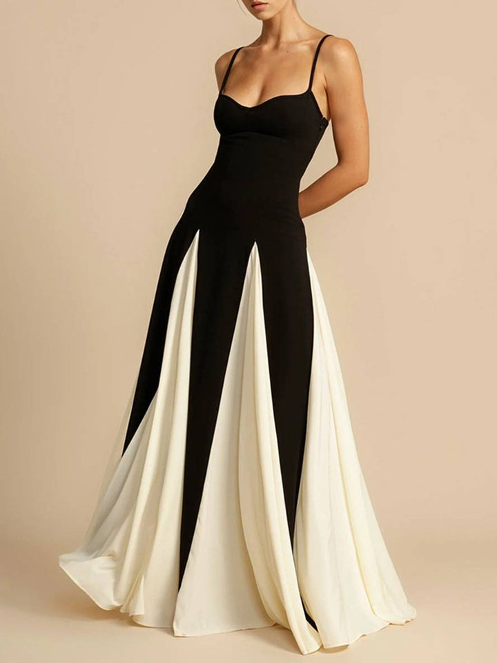Levoire | Robe Longue Blanc Noir Bloc De Couleur Décolleté En V Plissé Avec Fines Bretelles Sans Manches Élégante Décontractée Robe De Soirée Pour Mariage