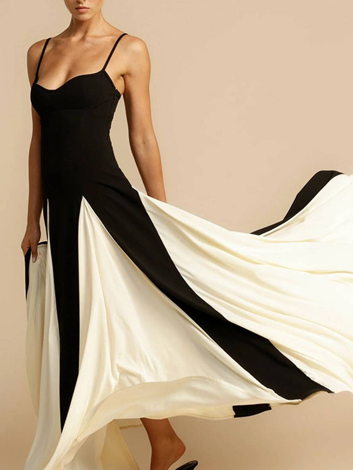 Levoire | Robe Longue Blanc Noir Bloc De Couleur Décolleté En V Plissé Avec Fines Bretelles Sans Manches Élégante Décontractée Robe De Soirée Pour Mariage