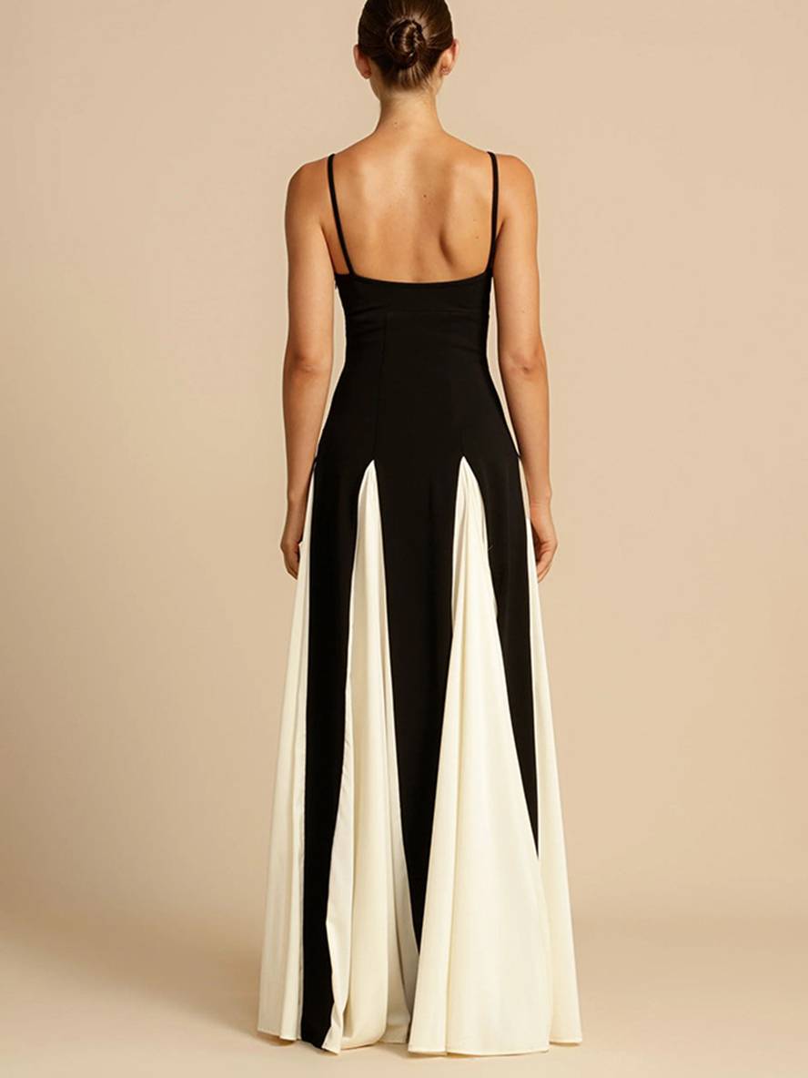 Levoire | Robe Longue Blanc Noir Bloc De Couleur Décolleté En V Plissé Avec Fines Bretelles Sans Manches Élégante Décontractée Robe De Soirée Pour Mariage