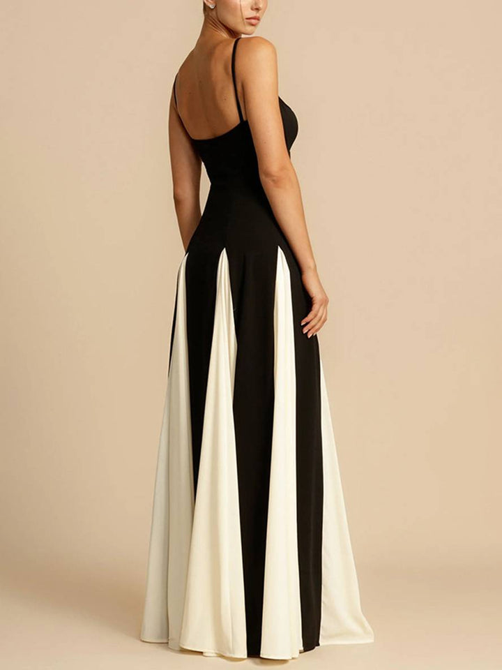 Levoire | Robe Longue Blanc Noir Bloc De Couleur Décolleté En V Plissé Avec Fines Bretelles Sans Manches Élégante Décontractée Robe De Soirée Pour Mariage