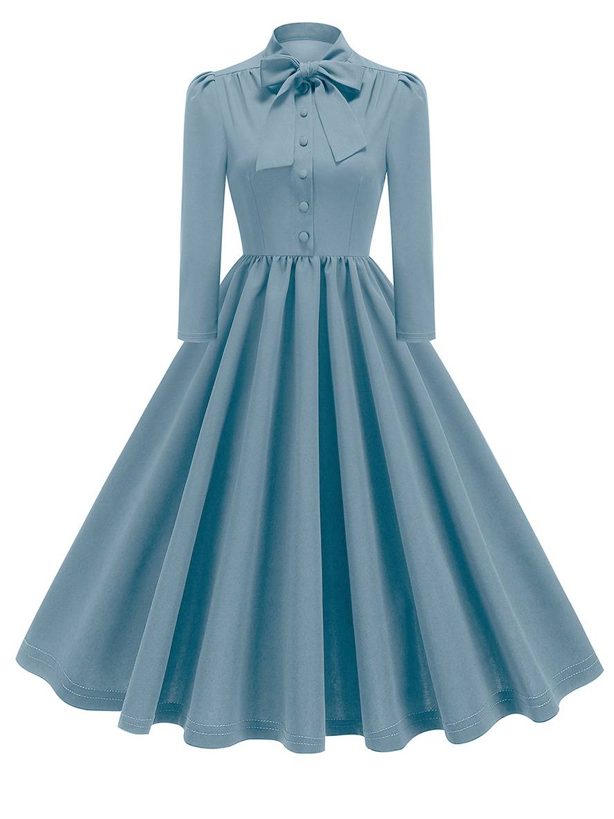 Levoire | Robe Trapèze Longue Fluide Avec Col En Nœud Papillon À Manches Longues Élégante Décontractée Vintage Robe De Cocktail Bleu pastel