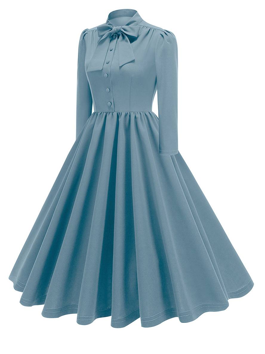 Levoire | Robe Trapèze Longue Fluide Avec Col En Nœud Papillon À Manches Longues Élégante Décontractée Vintage Robe De Cocktail