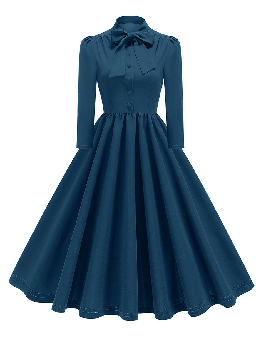Levoire | Robe Trapèze Longue Fluide Avec Col En Nœud Papillon À Manches Longues Élégante Décontractée Vintage Robe De Cocktail Bleu foncé