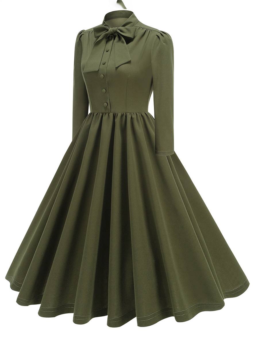 Levoire | Robe Trapèze Longue Fluide Avec Col En Nœud Papillon À Manches Longues Élégante Décontractée Vintage Robe De Cocktail Armée Verte