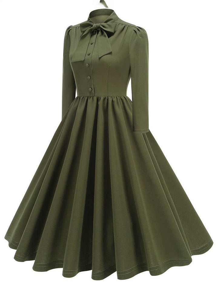 Levoire | Robe Trapèze Longue Fluide Avec Col En Nœud Papillon À Manches Longues Élégante Décontractée Vintage Robe De Cocktail Armée Verte