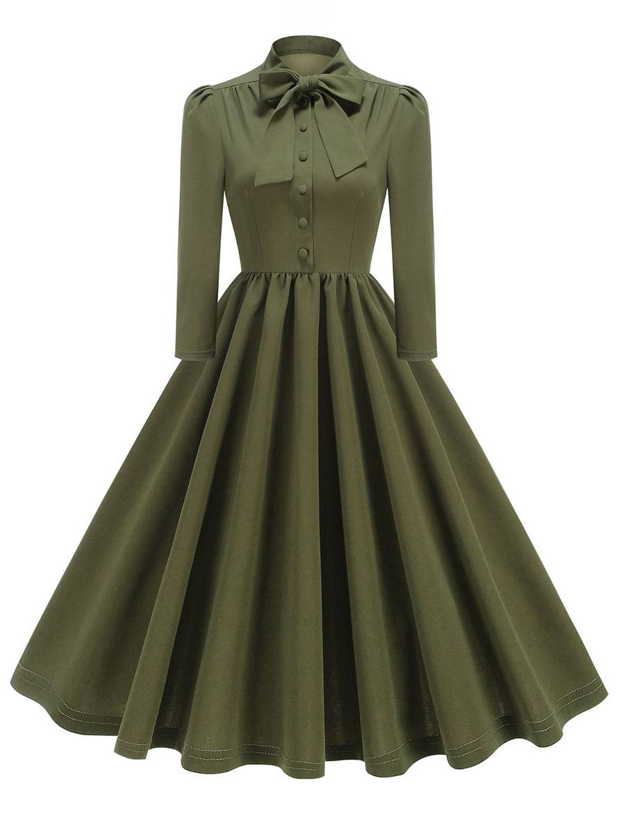 Levoire | Robe Trapèze Longue Fluide Avec Col En Nœud Papillon À Manches Longues Élégante Décontractée Vintage Robe De Cocktail