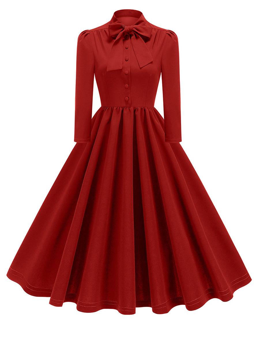 Levoire | Robe Trapèze Longue Fluide Avec Col En Nœud Papillon À Manches Longues Élégante Décontractée Vintage Robe De Cocktail Rot