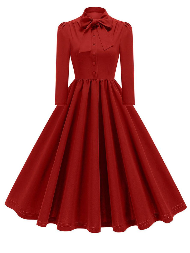 Levoire | Robe Trapèze Longue Fluide Avec Col En Nœud Papillon À Manches Longues Élégante Décontractée Vintage Robe De Cocktail Rot
