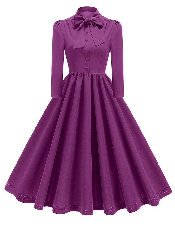 Levoire | Robe Trapèze Longue Fluide Avec Col En Nœud Papillon À Manches Longues Élégante Décontractée Vintage Robe De Cocktail Violet