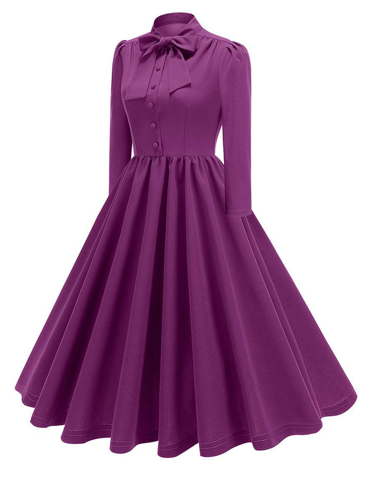Levoire | Robe Trapèze Longue Fluide Avec Col En Nœud Papillon À Manches Longues Élégante Décontractée Vintage Robe De Cocktail