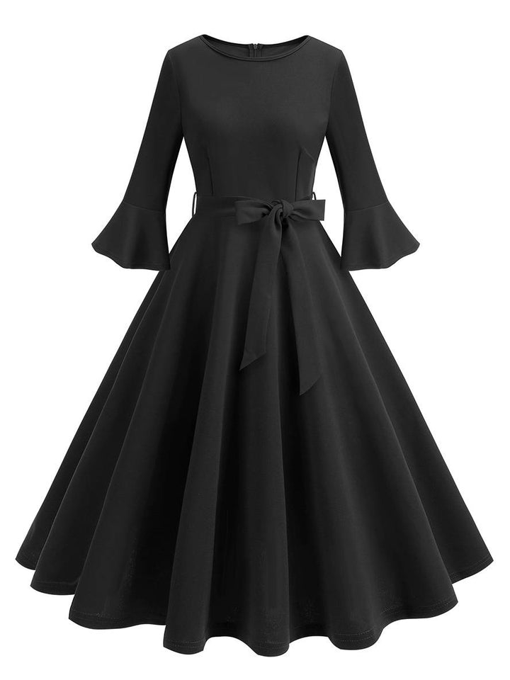Levoire | Robe Trapèze Longue Fluide Ceinture À Nœud Manches Floues Élégante Vintage Bal De Promo Halloween Noir