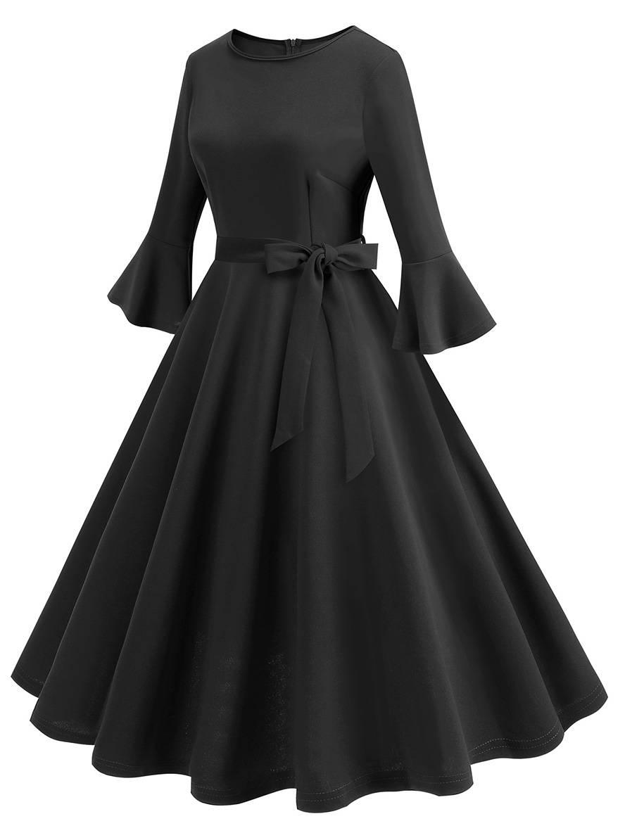 Levoire | Robe Trapèze Longue Fluide Ceinture À Nœud Manches Floues Élégante Vintage Bal De Promo Halloween