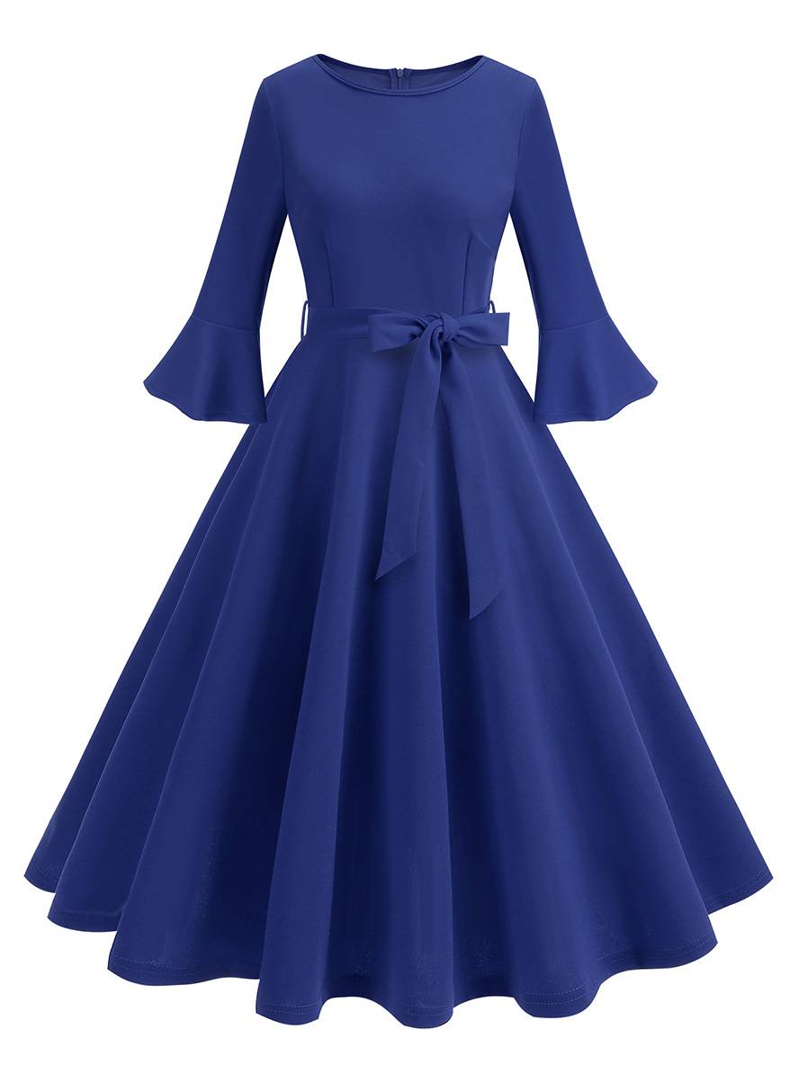 Levoire | Robe Trapèze Longue Fluide Ceinture À Nœud Manches Floues Élégante Vintage Bal De Promo Halloween Bleu