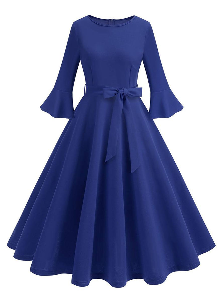 Levoire | Robe Trapèze Longue Fluide Ceinture À Nœud Manches Floues Élégante Vintage Bal De Promo Halloween Bleu