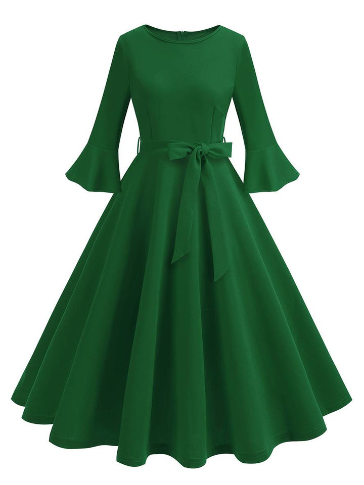 Levoire | Robe Trapèze Longue Fluide Ceinture À Nœud Manches Floues Élégante Vintage Bal De Promo Halloween Vert