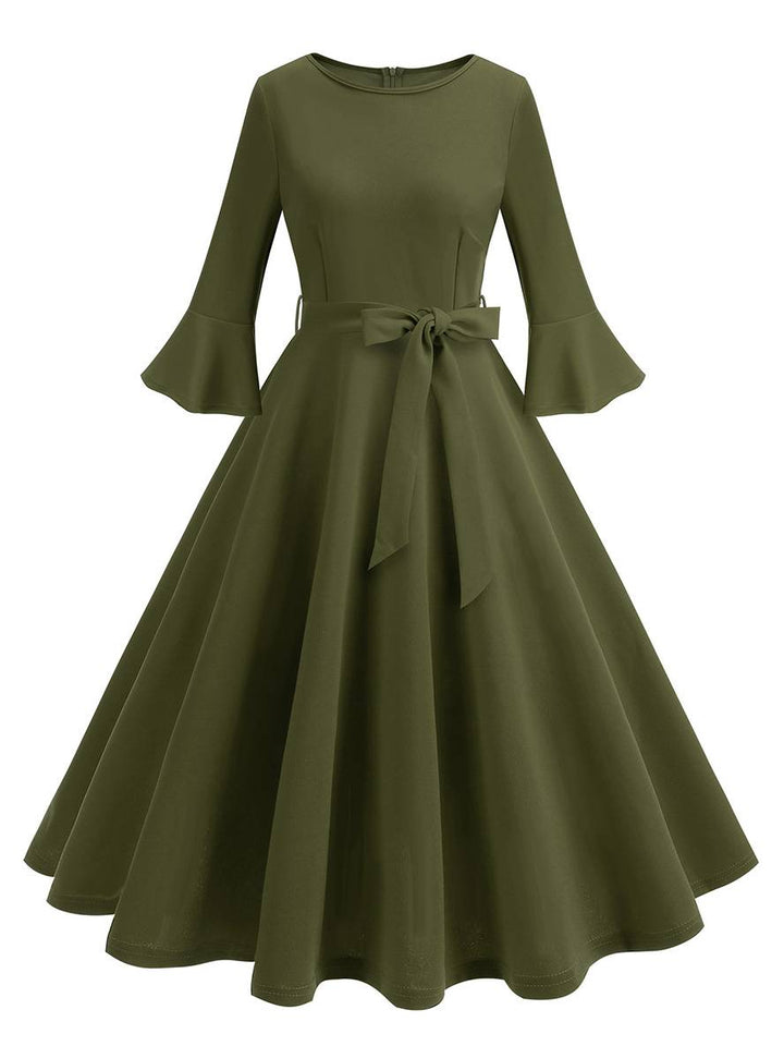 Levoire | Robe Trapèze Longue Fluide Ceinture À Nœud Manches Floues Élégante Vintage Bal De Promo Halloween Armée Verte