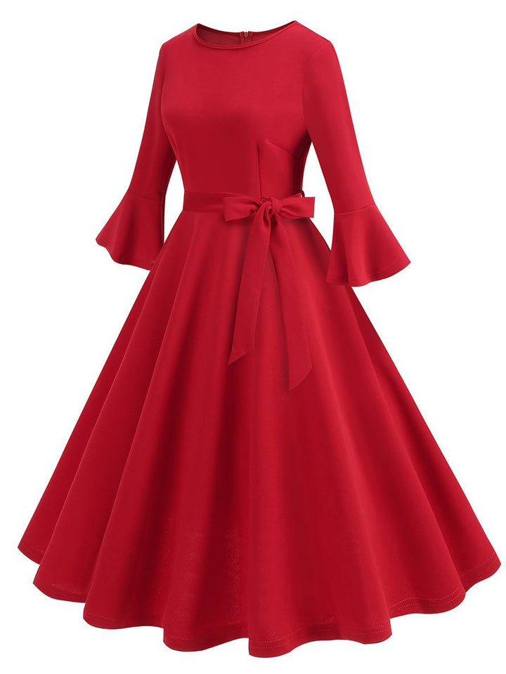 Levoire | Robe Trapèze Longue Fluide Ceinture À Nœud Manches Floues Élégante Vintage Bal De Promo Halloween