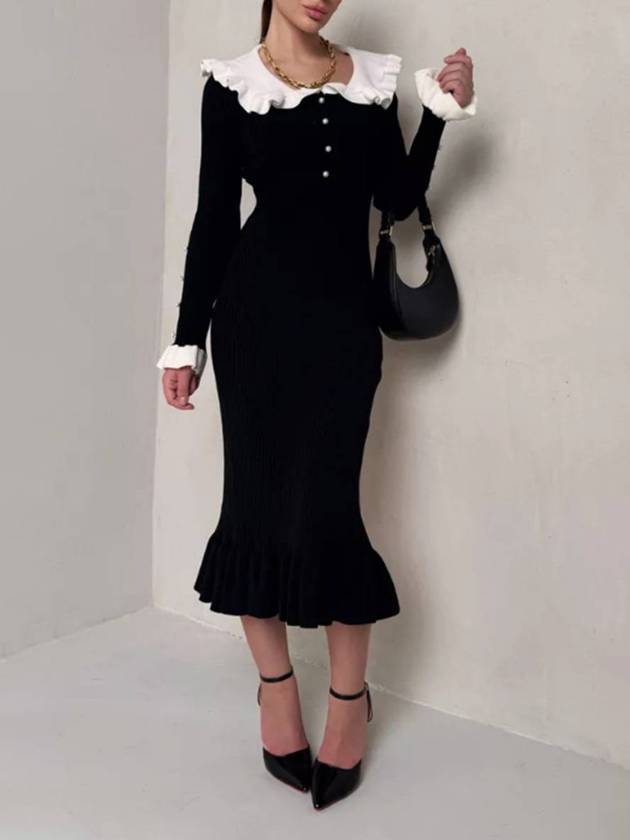Levoire | Pull Robe Longue Étroite Avec Volants Bouton Perle Femme Doux Élégant Vintage Robe De Bal Sirène