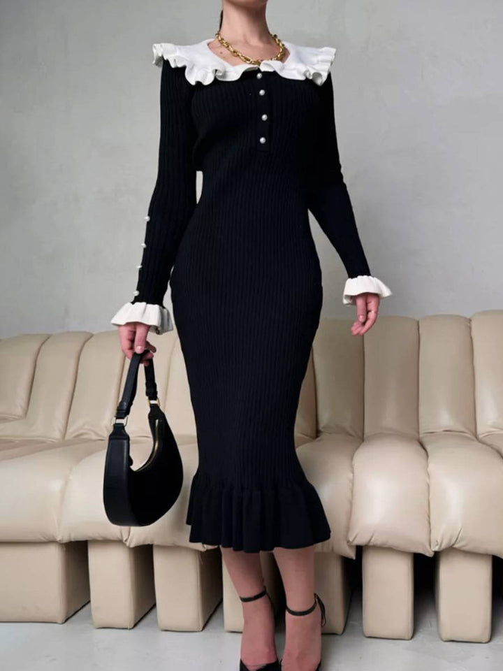Levoire | Pull Robe Longue Étroite Avec Volants Bouton Perle Femme Doux Élégant Vintage Robe De Bal Sirène