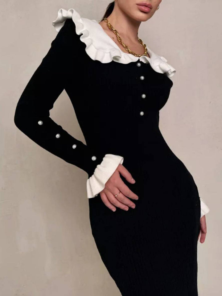 Levoire | Pull Robe Longue Étroite Avec Volants Bouton Perle Femme Doux Élégant Vintage Robe De Bal Sirène
