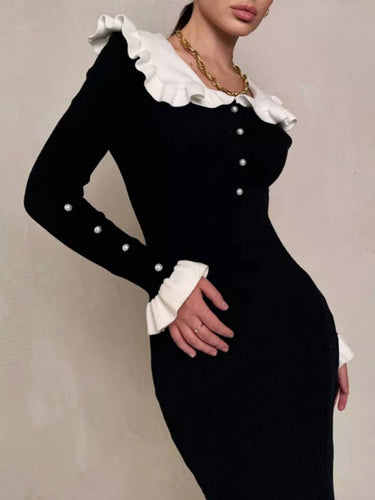 Levoire | Pull Robe Longue Étroite Avec Volants Bouton Perle Femme Doux Élégant Vintage Robe De Bal Sirène