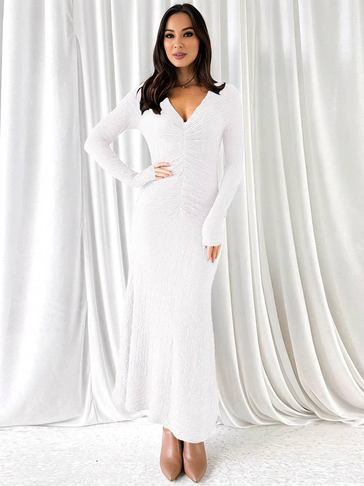 Levoire | Robe Longue Ajustée Sirène Décolleté En V Manches Longues Femme Élégante Décontractée Bal De Fin D'Année Blanche