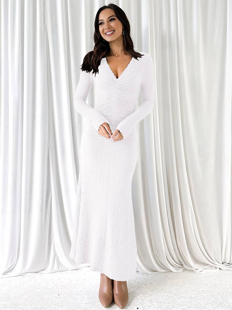 Levoire | Robe Longue Ajustée Sirène Décolleté En V Manches Longues Femme Élégante Décontractée Bal De Fin D'Année