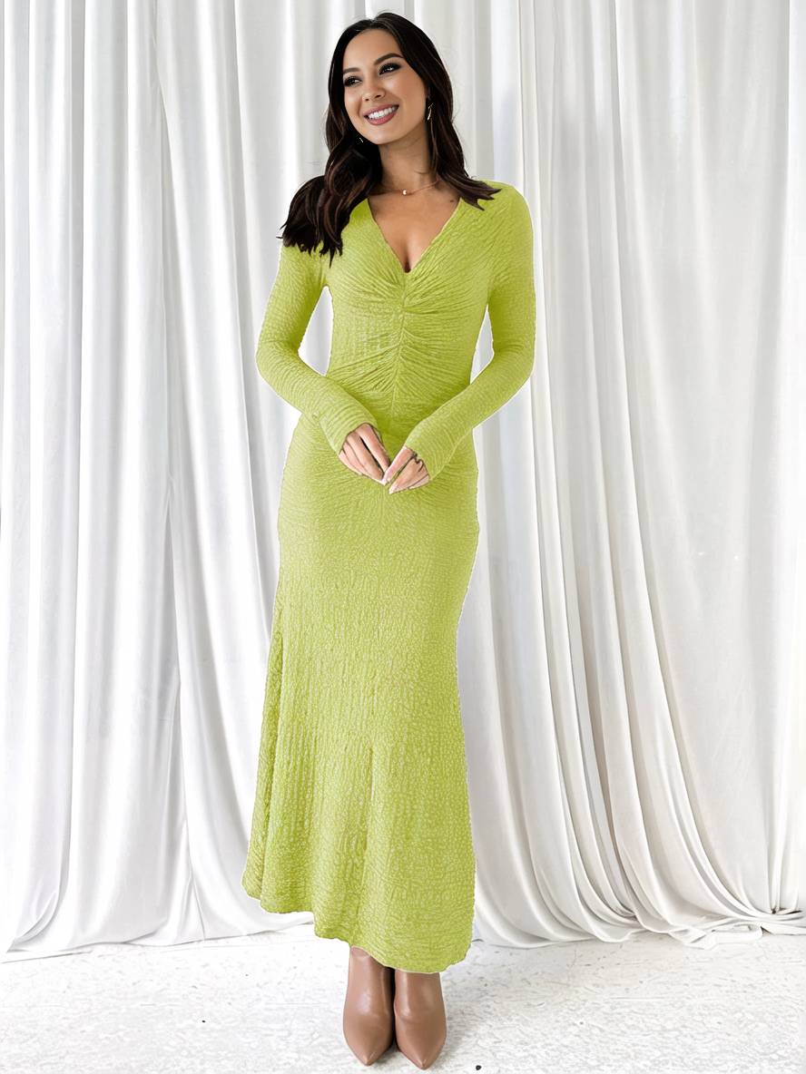 Levoire | Robe Longue Ajustée Sirène Décolleté En V Manches Longues Femme Élégante Décontractée Bal De Fin D'Année