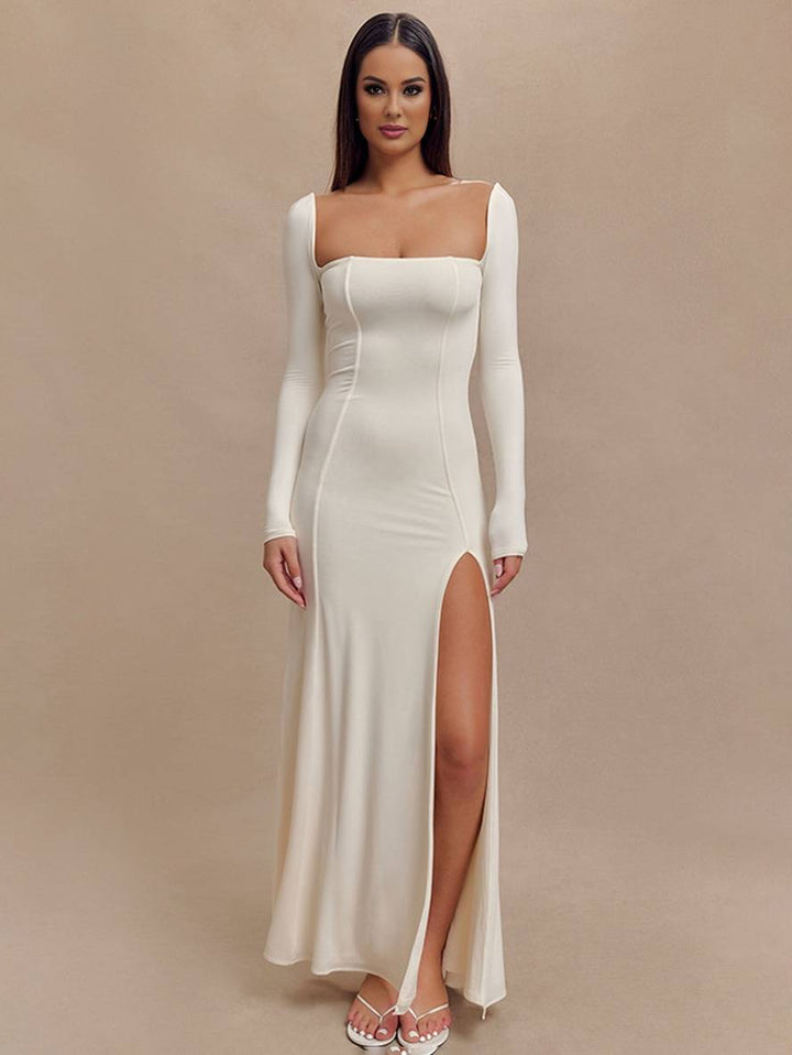 Levoire | Robe Longue Flatteuse Pour La Silhouette Avec Fente Sur Le Côté Dos Nu Décolleté Carré Manches Longues Dames Élégante Décontractée Bal Blanche