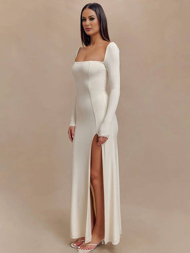 Levoire | Robe Longue Flatteuse Pour La Silhouette Avec Fente Sur Le Côté Dos Nu Décolleté Carré Manches Longues Dames Élégante Décontractée Bal